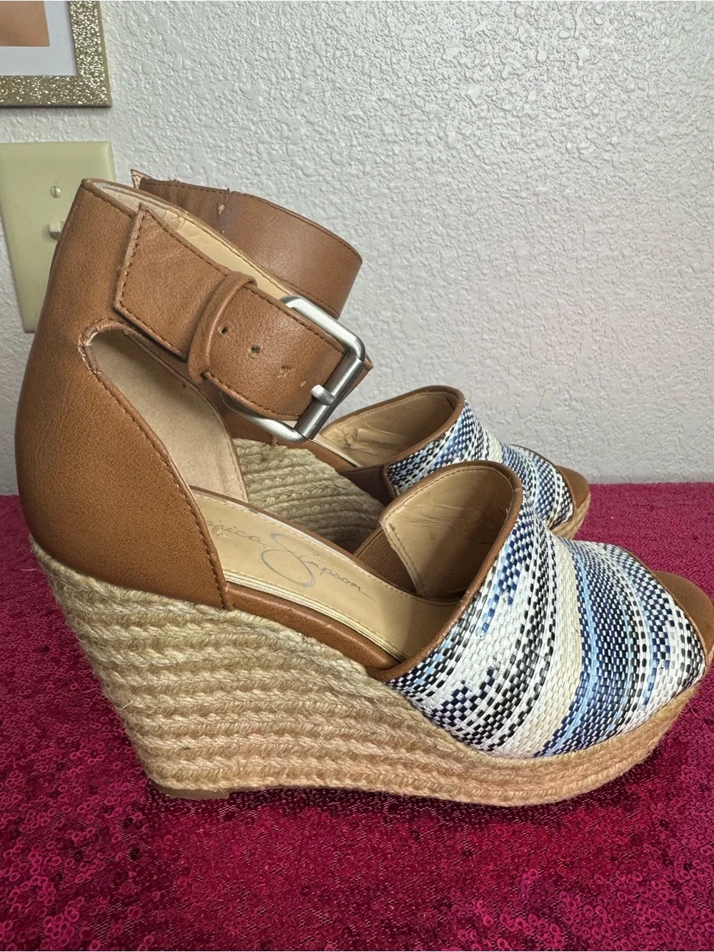 JESSICA SIMPSON 🩵 Tan & Blue Woven Espadrille Wedge Sandals (Women’s Size 7)